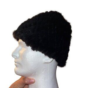 Womens Cap Black One Size Hat Thicken Winter Warm Knitted mink fur